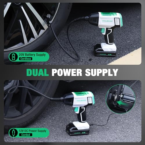 HAUSHOF Tire Inflator Portable Air Compressor, 150 PSI Air Pump, Dual Power | 20V Battery & 12V DC Power, Auto Shut-Off, Digital Gauge & LED Light, Ideal for Cars, Motorcycles, Bikes