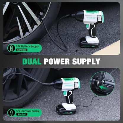 HAUSHOF Tire Inflator Portable Air Compressor, 150 PSI Air Pump, Dual Power | 20V Battery & 12V DC Power, Auto Shut-Off, Digital Gauge & LED Light, Ideal for Cars, Motorcycles, Bikes