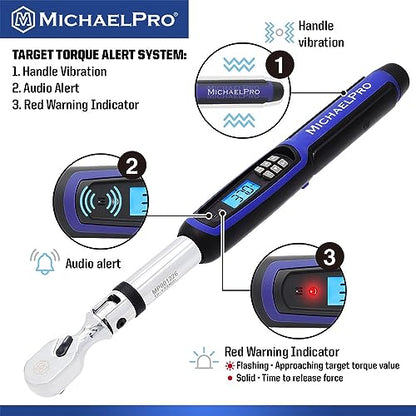 MichaelPro 3/8 Flex Head Digital Torque Wrench with Angle Function, 10 to 100 ft-lbs (10 to 135 Nm), Target Torque Multi-Alert System, 10 Available Presets | MP001226 - size: 3/8" Drive Flex Head