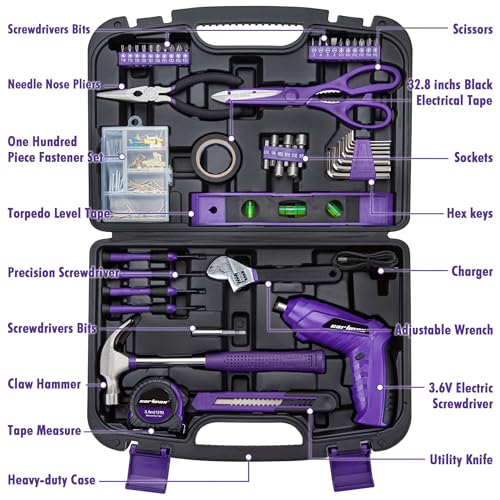 CARTMAN 149PCS Tool Set, Purple Cordless Screwdriver, Home Repair Tool Kit | Complete tool assortment with cordless screwdriver for home repairs, office fixes, furniture setup crafting, and daily tasks. - style: 149 PURPLE