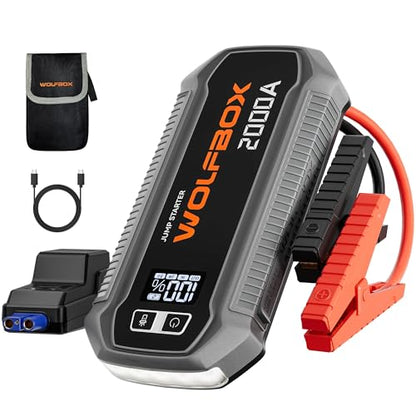 WOLFBOX 2000A Jump Starter, 44.4Wh Battery Jumper Starter Portable with LED Display, 12V Car Battery Jump Starter Pack (7L Gas 6L Diesel Engine) with Booster, LED Light, Jumper Cables (NO Adapter) - size: 2000A