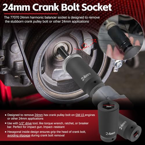 77070 24mm Crank Bolt Socket for GM LS Engine Harmonic Balancer Socket Tool 24 mm Impact Socket Deep Counter-Weighted Design, 3 Times Momentum Power of Standard Impact Sockets - size: 24mm