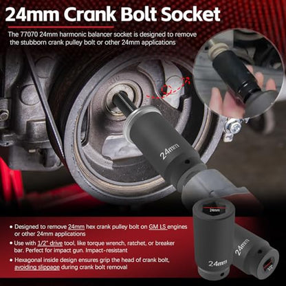 77070 24mm Crank Bolt Socket for GM LS Engine Harmonic Balancer Socket Tool 24 mm Impact Socket Deep Counter-Weighted Design, 3 Times Momentum Power of Standard Impact Sockets - size: 24mm