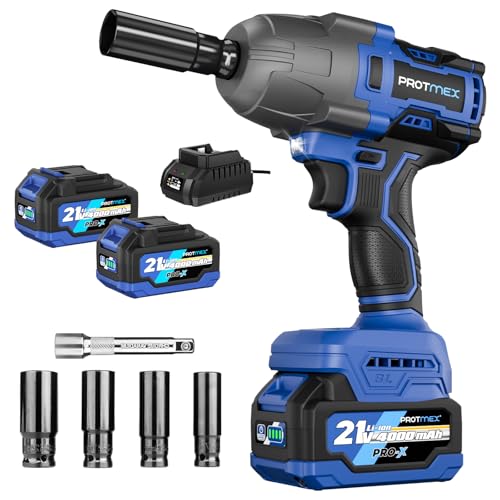 Protmex 900Ft-lbs (1200N.m) Impact Wrench, 1/2" Cordless Impact Gun, 21V High Torque Brushless Impact Driver, 2x4.0Ah Batteries Electric Impact Motor Variable Speeds for Car/Pickup Truck/Mower, Blue - color: Blue