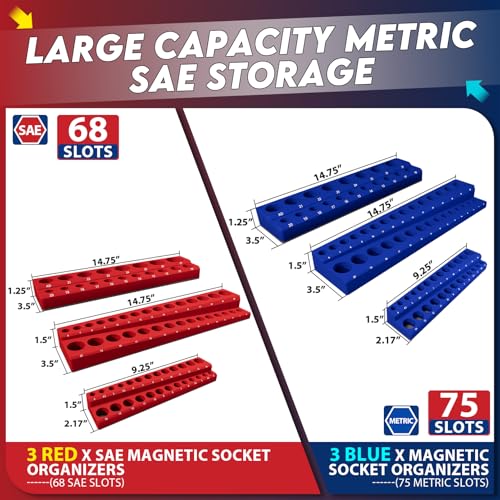8-Piece Magnetic Socket Organizer and Wrench Organizer, Magnetic Socket Holder Set | Fits 1/4” 3/8” 1/2” Metric SAE for Tool Box Drawer, Can Holds 143 Sockets, Socket & Wrench Not Included