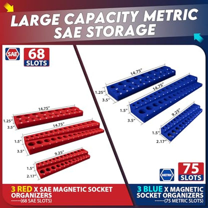 8-Piece Magnetic Socket Organizer and Wrench Organizer, Magnetic Socket Holder Set | Fits 1/4” 3/8” 1/2” Metric SAE for Tool Box Drawer, Can Holds 143 Sockets, Socket & Wrench Not Included
