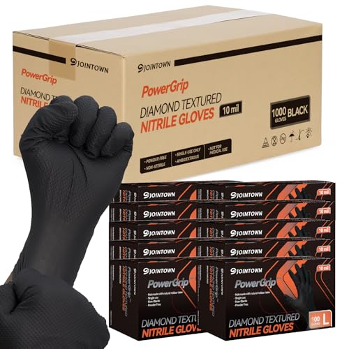 Jointown Upgraded 10 Mil Heavy Duty Nitrile Gloves, Mechanic Gloves Nitrile Disposable, with Raised Diamond Texture - color: Black 10 Mil, size: X-Large