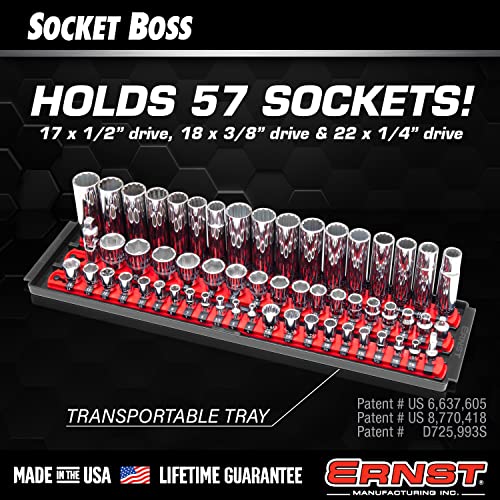 Ernst Manufacturing 18-Inch Socket Boss - Premium 3-Rail Multi-Drive (1/4", 3/8", 1/2") Organizers w Twist Lock Clips, Socket Set Holder for 57 Tools - SAE, Metric - Red (Patented) Made in USA - color: Red, style: 18-Inch