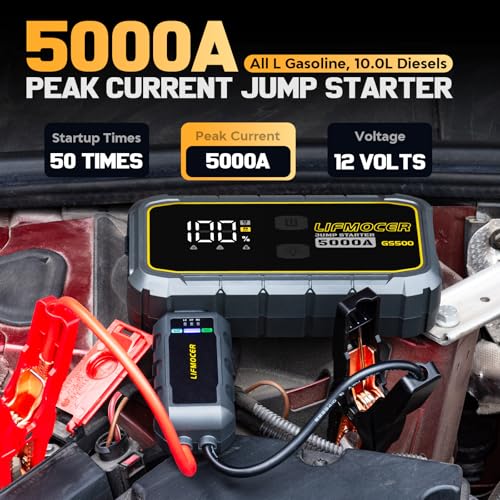 LIFMOCER 5000A Car Jump Starter-GS500 Car Battery Jump Starter for Up to ALL Gas and 10.0L Diesel Engines, 12V Portable Jump Box with Storage Case USB Quick Charge,LCD Display,for Car,Motorcycle,Truck