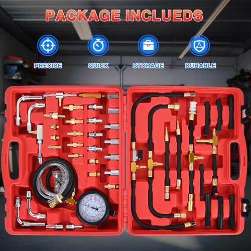 GOOACC Fuel Injection Pressure Tester Kit - 0-140 PSI Gasoline Pump Diagnostic Tool with Schrader Valve Adapters & Relief Button for Car Motorcycle Truck