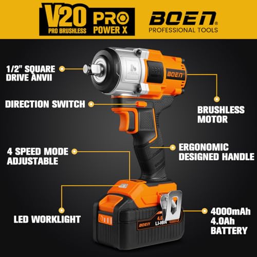 boen Cordless Impact Wrench 1/2 inch, 600FT-LBS(800N.m), Brushless Electric Impact Wrench, 2200RPM High Torque Impact Gun for Car Home, Includes 4.0Ah Battery×1, Charger, IW-75 - size: 600FT-LBS(800N.m)