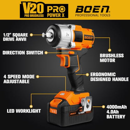 boen Cordless Impact Wrench 1/2 inch, 600FT-LBS(800N.m), Brushless Electric Impact Wrench, 2200RPM High Torque Impact Gun for Car Home, Includes 4.0Ah Battery×1, Charger, IW-75 - size: 600FT-LBS(800N.m)
