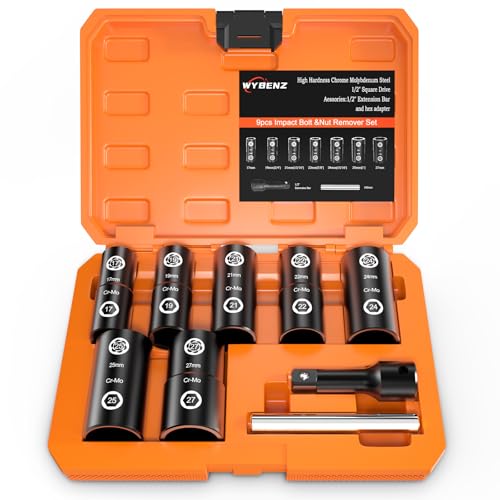 2-IN-1 Flip Lug Nut Extractor Set, 9Pcs Lug Nut Removal Tool, Wheel Lock Removal Kit, 1/2 Inch Drive Lug Nut Remover, 17-27mm Bolt Extractor Socket Set for Stripped, Rounded, Damaged Bolt and Nuts - color: 9pcs