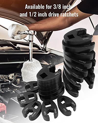 19 PCS 3/8 Inch and 1/2 Inch Crowfoot Flare Nut Wrench Set Metric 8 to 32mm Sizes, Alloy Steel Crows Foot Wrench Set for Drive Ratchet, Metric Tool with Organizer Box
