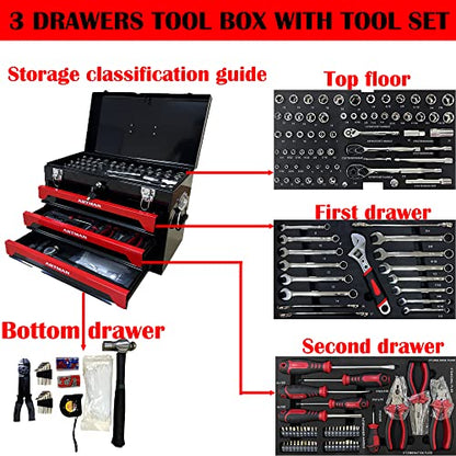 339 Piece Kits Tool Set Heavy Duty Metal Mechanic Box,Tool Box with Handle 3-Drawer and Top Storage, Drawers Tool Case for Garage, Warehouse, Workshop Maintenance, Repair Shop(Black&Red) - size: 439pcs - Black&Red