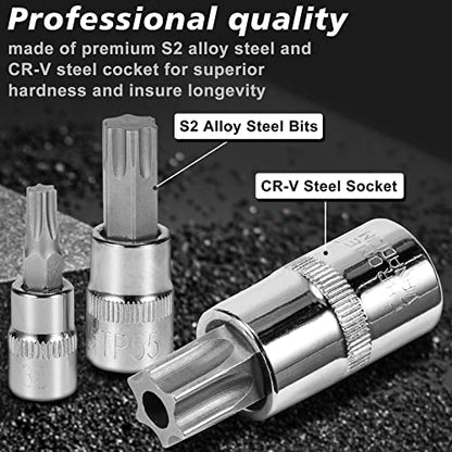 AOBEN 64Pcs Master Torx Bit Socket and External Torx Socket Set, 1/4, 3/8, 1/2-inch(E4-E24, T6-T70,TT6-TT70,TP8-TP60), S2 and Cr-V Steel, Includes Socket Adapters - size: Large