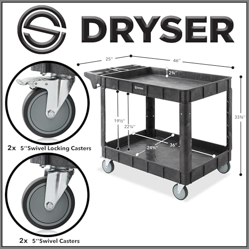 Dryser Utility Cart with Wheels, 46" x 25" Heavy Duty 550 lb. Capacity with Shelves - 2 Tier Rolling Cart with Four 5" Swivel Casters for Warehouse, Garage, Cleaning - size: 2 Shelves 4 Swivel 46x25