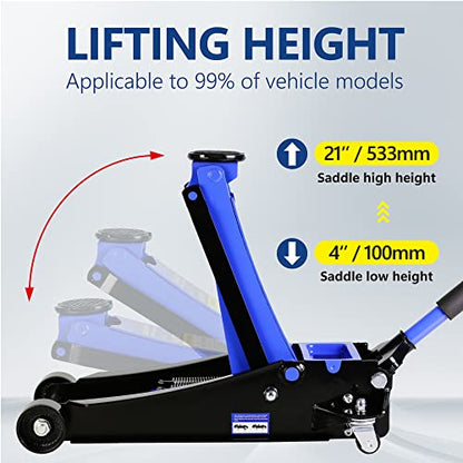 4T Low Profile Steel Floor Jack, 8000 lb, Dual Pump, 4"-21" Lift | Heavy-duty steel, dual-piston quick lift, low profile, 4"-21" range, overload safety protection. - size: 4T Dual Pump 4"-21"