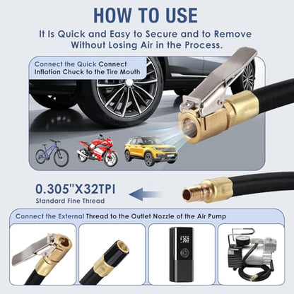 Tire Inflator Extension Tube Tyre Pump Quick Inflation Chuck Adapter Hose Quick-Inflation Clip Connector High-Pressure Tube Car Motorcycle Maintenance Accessories