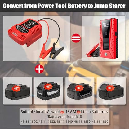 Jump Starter Adapter for Milwaukee 18V Li-ion Battery Powered with Jumper Cable Clamps Portable Car Battery Charger Jump Starter(Battery Not Included) - style: For Milwaukee