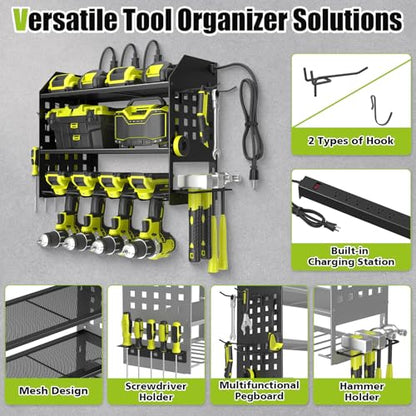 SUNALLY Power Tool Organizer Wall Mount with Charging Station,3 Layer Heavy Duty Metal Tool Storage Rack with 4 Drill Holders, Power Tool Shelf for Garage, Warehouse, Workshop, Gifts for Men, Husband - style: 4 Drill Holders E