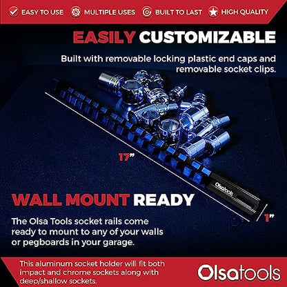 Olsa Tools 1/2-Inch Drive Aluminum Socket Organizer with Locking End Caps - Professional Quality Socket Holder - BLACK - Part 1178 - color: Black, size: 1/2-Inch Drive