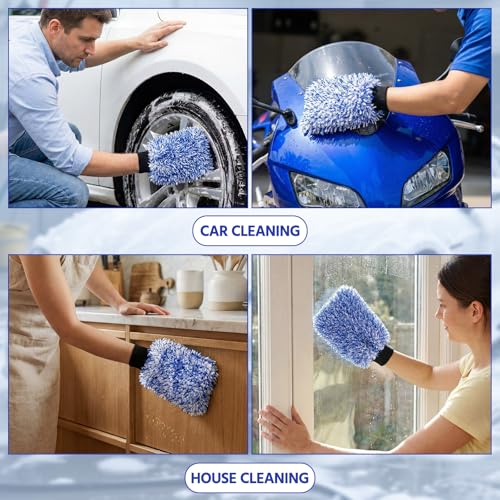 4 Pack Microfiber Car Wash Mitts Set 10x7 Inch Soft Suede Lining Car Wash Gloves, Highly Absorbent Scratch-Free Cleaning Cloths for Auto Detailing, Safe with All Soaps, Bucket (Blue) - color: Blue