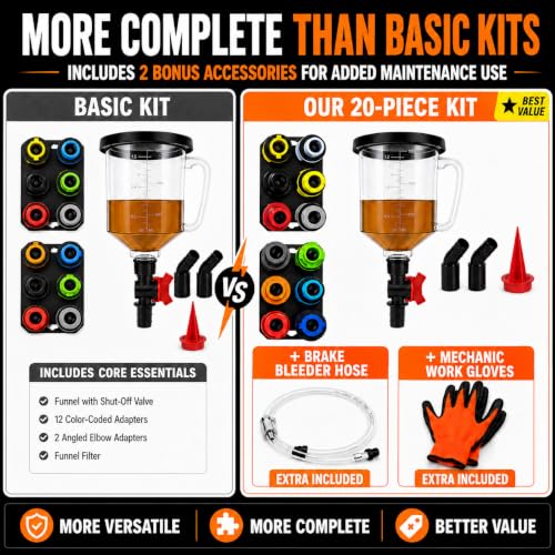 20-Piece No-Spill Engine Oil Funnel Kit with Brake Bleeder Hose and Mechanic Work Glove, 1.59QT/1.5L Set with 12 Adapters for Most Vehicles