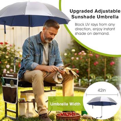 Garden Kneeler and Seat with Umbrella, 2-in-1 Foldable Gardening Stool with Adjustable Bracket, Detachable Tool Bags, Heavy Duty Kneeling Pad for Gardening (Brown) - color: Beige & Brown