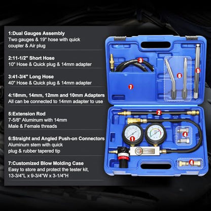 JIFETOR Cylinder Leak Down Tester Kit, Automotive Engine Compression Dual Gauge Leakdown Test Set with 10 12 14 18mm Spark Plugs Universal for Small Engine Motorcycle ATV, Blue Case - color: Blue Case