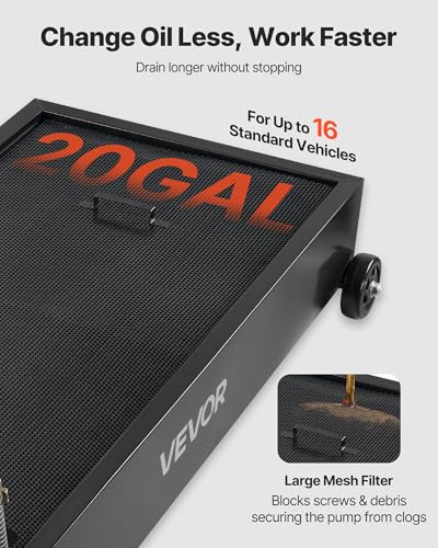 VEVOR Low Profile Oil Drain Pan, 20-Gallon Metal Oil Change Pan, Effective Oil Drain Cart with 180W Electric Pump, Wheels & Folding Handle, Oil Drain Tank for Cars, SUVs, Trucks, Buses, RVs