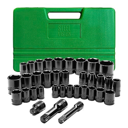 Steel Vision 35-Piece Impact Socket Set, 3/8" & 1/2" Drive Shallow SAE/Metric, 6-Point CR-V Steel Sockets with Adapter, 3" Extensions & Storage Case - size: 3/8"&1/2""_SAE&Metric_35pc
