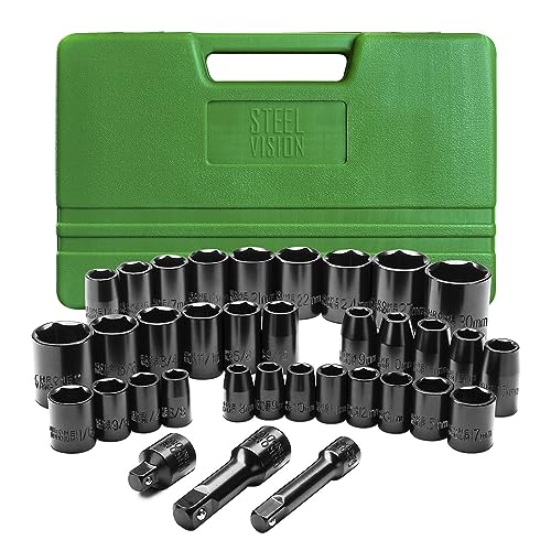 Steel Vision 35-Piece Impact Socket Set, 3/8" & 1/2" Drive Shallow SAE/Metric, 6-Point CR-V Steel Sockets with Adapter, 3" Extensions & Storage Case - size: 3/8"&1/2""_SAE&Metric_35pc