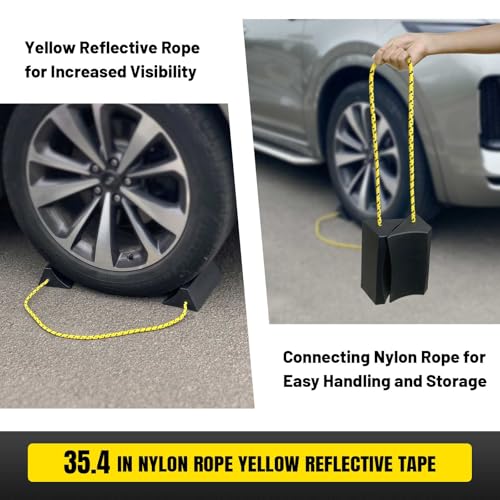 HOXWELL Dual Wheel Chocks, Light Non-Slip Wheel Stoppers with Nylon Rope Yellow Reflective Tape, Wheel Block for Lightweight Travel Trailer, Light Truck, Car, Tractor, Lawnmower 1 Pair, Black&Yellow