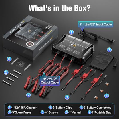 3 Bank Marine Battery Charger 5X3, 15A (5A/Bank) - 15A Onboard Charger, 12V Waterproof Boat Battery Charger, Battery Maintainer for SLA/AGM, Lithium, Calcium - Charged 24/7