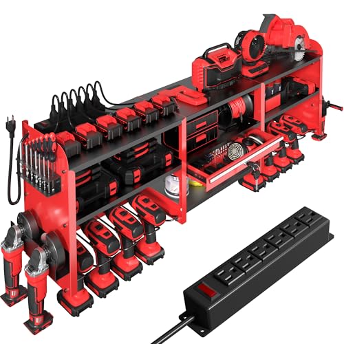 KSVO Large Power Tool Organizer Wall Mount with Locking Drawers, Grinder Holder, Hammer & Pliers Rack, & 6-Outlet Charging Shelf – Heavy Duty Metal Tool Storage for Garage & Workshop - color: Red