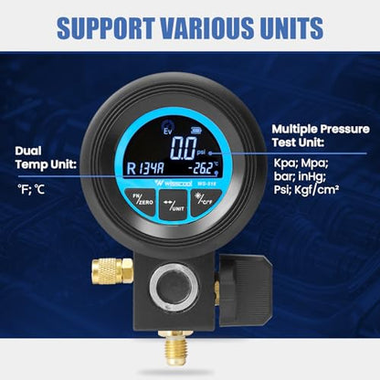 WISSCOOL Digital Gauge HVAC for R134A,R454B,R1234y,R32,R22,R410a | Pressure Recharge Manifold Gauge with LCD 24 Kinds Refrigerants Leak Detection AC Single Test Gauges for AC Charging