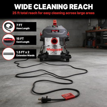 Shop-Vac 5 Gallon Ultra Quiet Shop Vacuum Wet and Dry, 4.5PHP Stainless Steel Tank Wet/Dry Vacuum with Attachments, 1-7/8 In x 7 Ft Hose, 15 Ft Cord, Ideal for Jobsite, Garage, Workshop & Home 5430542