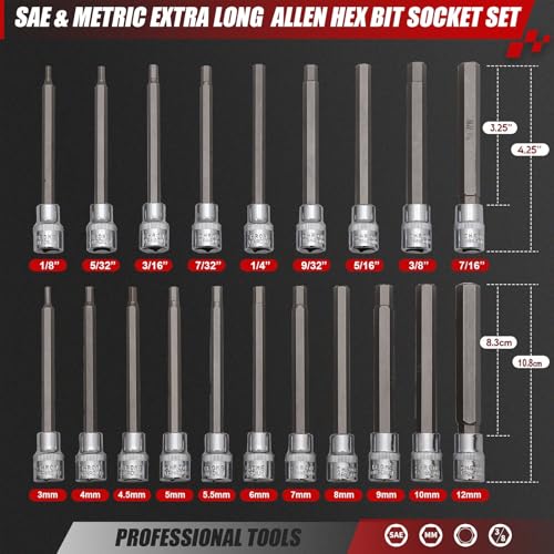 Extra-Long Allen Hex Bit Socket Set,20-Piece 3/8 Inch Drive,Standard SAE & Metric (1/8-Inch - 7/16-Inch, 3-12mm) for Repair and Assembly (Black) - color: Black