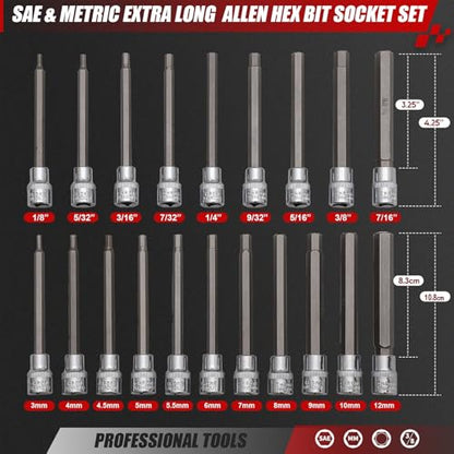 Extra-Long Allen Hex Bit Socket Set,20-Piece 3/8 Inch Drive,Standard SAE & Metric (1/8-Inch - 7/16-Inch, 3-12mm) for Repair and Assembly (Black) - color: Black