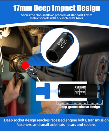 17mm Deep Impact Socket 1/2" Drive CR-MO Steel 6-Point | CR-MO steel impact socket set. 1/2" drive, 6-point design. Deep reach for lug nuts & axle nuts. - size: 17mm