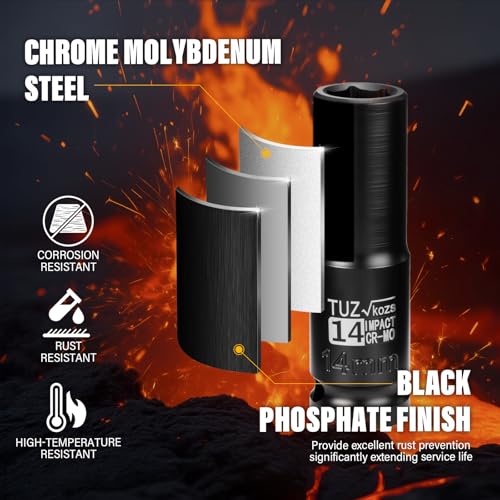 1/2 Inch Drive 14mm Deep Metric 6 Point CR-MO Impact Socket | Radius Corner Design,Square Chamfered Opening,Axle Nut Impact Grade Socket for Easy Removal - size: 1/2” Drive 14mm Deep, style: 1/2" Drive Deep Socket