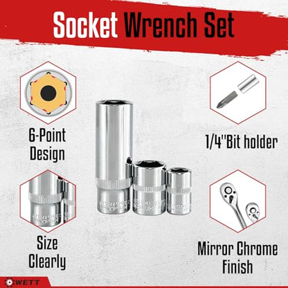 WETT 1/4" and 3/8" Drive Socket Set, 86-Piece Socket Wrench Set with Quick-Release Ratchet, Extention Bar, Adapter, 1/4" Bits, CR-V Steel, Metric/SAE, Deep/Shallow, Mirror Chrome Finish - size: 86pcs 1/4" & 3/8" (SAE/Metric, Deep/Shallow)