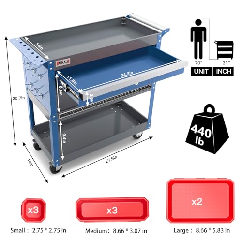 AIRAJ 3 Tier Rolling Tool Cart,Mechanic Tool Cart on Wheels,Industrial Utility Cart with Drawers and Pegboard,440 LBS Capacity Tool Storage Cart for Garage,Warehouse,Blue