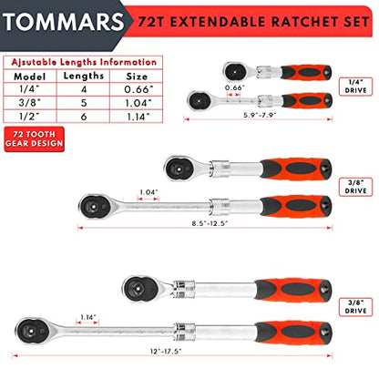 TOMMARS Extendable Ratchet Set 1/4", 3/8", 1/2" Socket Wrench Hand Tool Kit | Mechanic Hand Tool Set, Telescoping Design, 72 Tooth 5-degree swing arc, Quick Release, Reversible - size: 1/4", 3/8", 1/2" Drive, style: Extendable Ratchet Set
