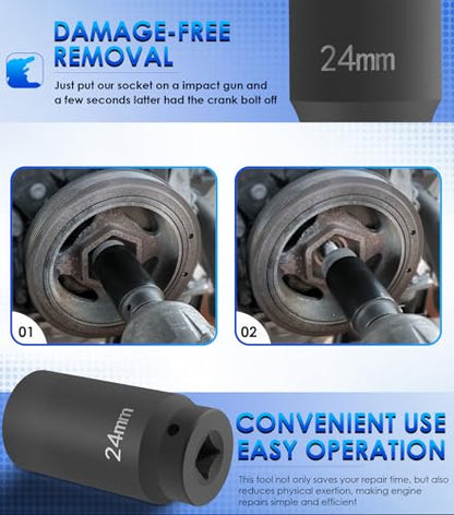 For GM LS 24mm Crank Bolt Socket 77070 Harmonic Balancer Socket Tool, 3 Times Momentum Power of Standard Impact Socket for Stronger Torque, Deep Counter-Weighted Design - size: 24mm