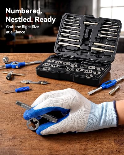 OMT SAE Tap and Die Set, Thread Repair and Cutting Kit with Wrenches | #4 6 8 10 12 1/4 5/16 3/8 7/16 1/2" for Internal & External Threads, GCr15 Bearing Steel, Mechanics Machinists Garage & Shop - size: 40 pc SAE