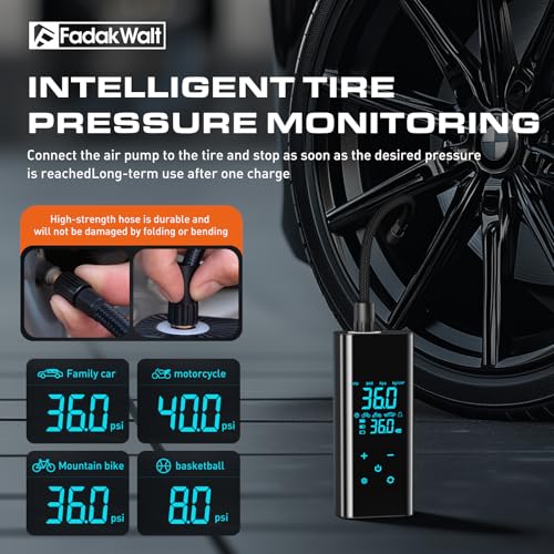 FADAKWALT Tire Inflator Portable Air Compressor, 150 PSI Cordless Air Pump for Car Tires with Smart Touch Screen, Auto Shut-Off Digital Gauge and SOS LED Light for Cars, SUVs, Bikes and Balls