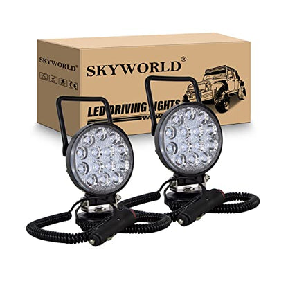 SKYWORLD Magnetic Mount LED Work Light, 2PCS 4 Inch 42W Round Flood Off Road Driving Fog Lamp 12V 24V with Portable Magnetic Base Holder for Truck Tractor Trailer Car Boat Engineering Vehicle - size: 2Pcs 4 Inch 42W Flood