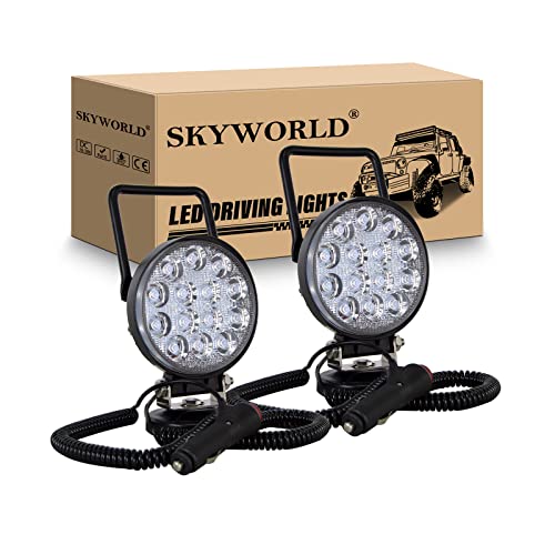 SKYWORLD Magnetic Mount LED Work Light, 2PCS 4 Inch 42W Round Flood Off Road Driving Fog Lamp 12V 24V with Portable Magnetic Base Holder for Truck Tractor Trailer Car Boat Engineering Vehicle - size: 2Pcs 4 Inch 42W Flood